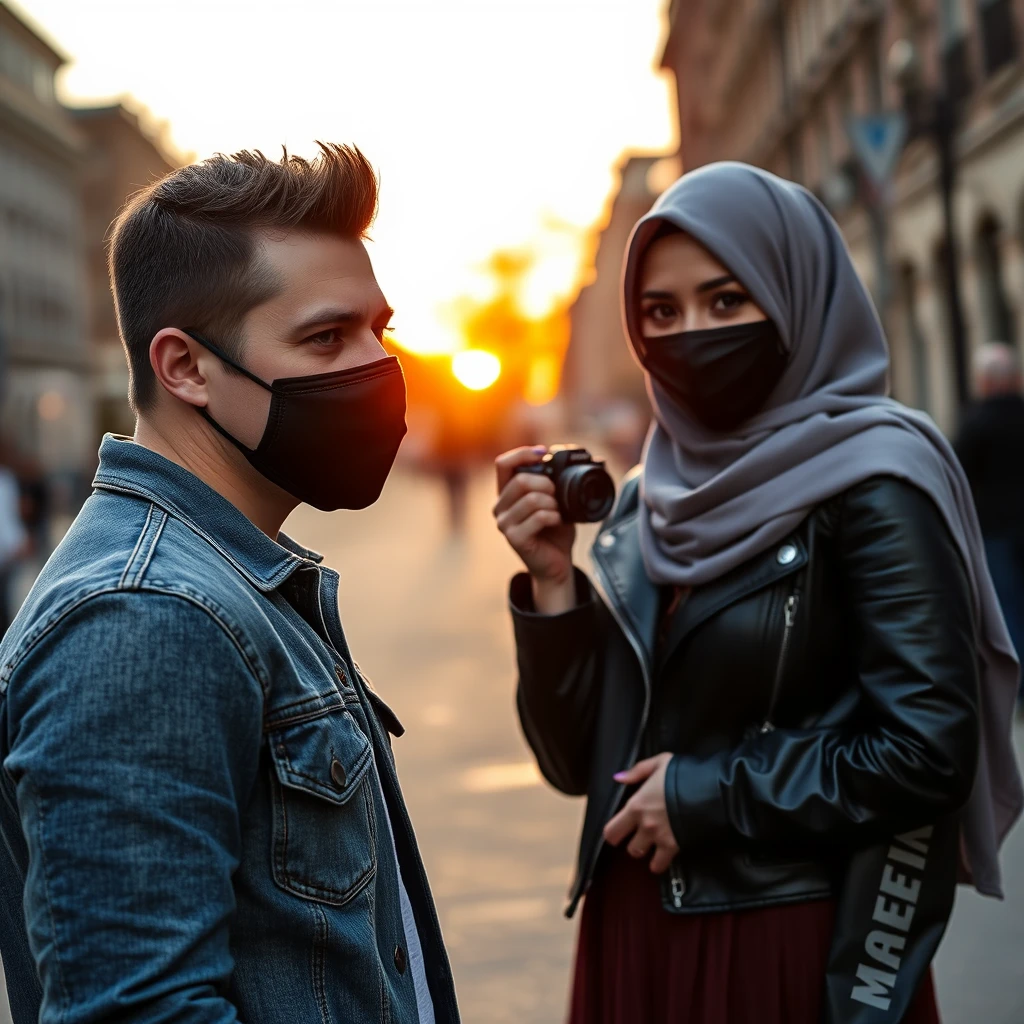 Jamie Dornan's head and body shot, handsome, black face mask, denim jacket, jeans, dating, love couple, with the biggest grey hijab Muslim girl, black face mask, beautiful eyes, black leather jacket, biggest skirt, taking picture, DSLR Canon camera, sunset, hyper-realistic, street photography.