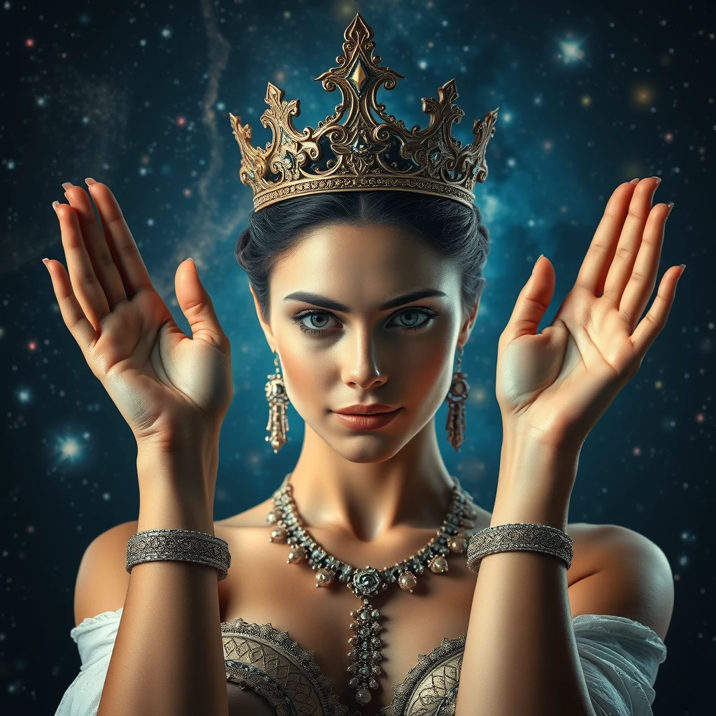 A beautiful queen of the universe holding up her hands, face in the background. - Image