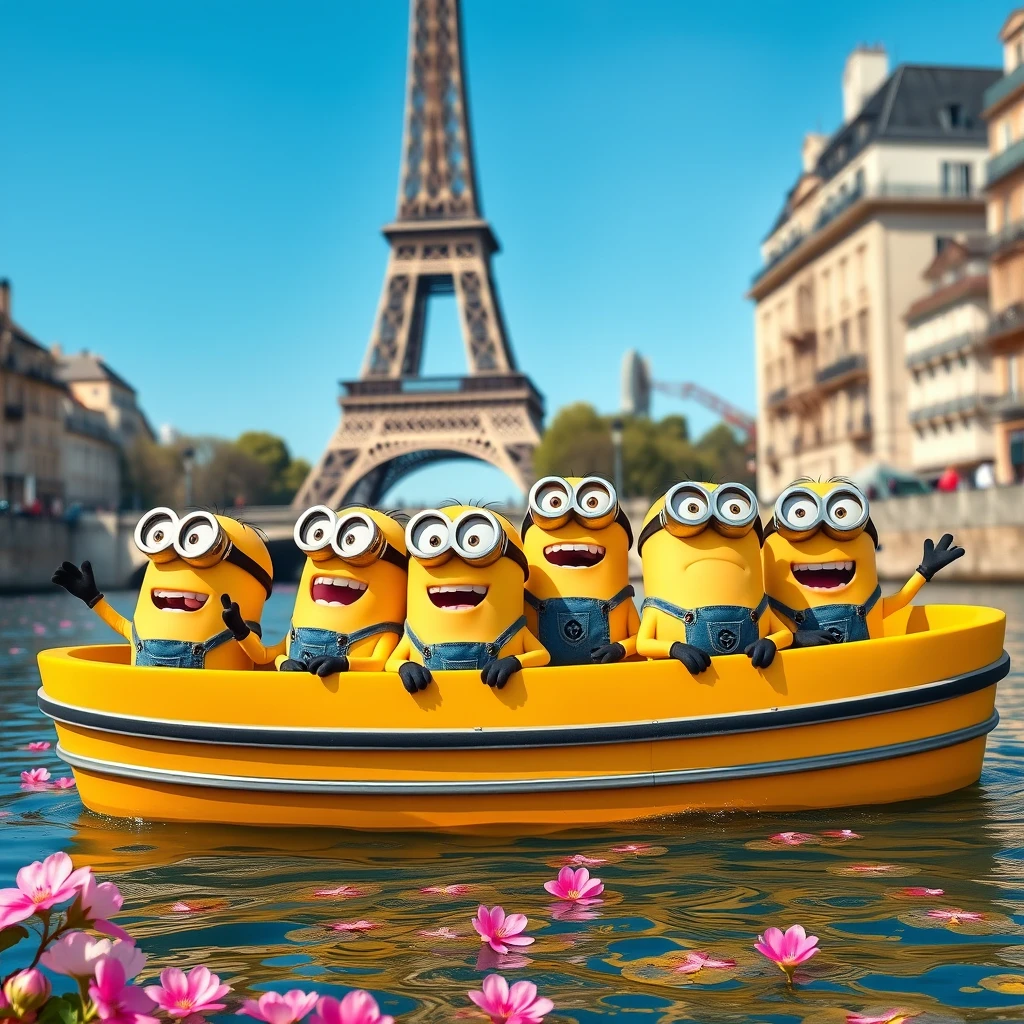 A group of six minions in a yellow boat on a river in Paris, France. The boat is floating on the water, with the Eiffel Tower in the background. The minions are all facing the same direction and appear to be happy and excited. They are all wearing blue overalls and have big smiles on their faces. The river is lined with buildings on both sides, and there are pink and purple flowers floating in the water. The sky is blue and the overall mood of the image is cheerful and playful. - Image