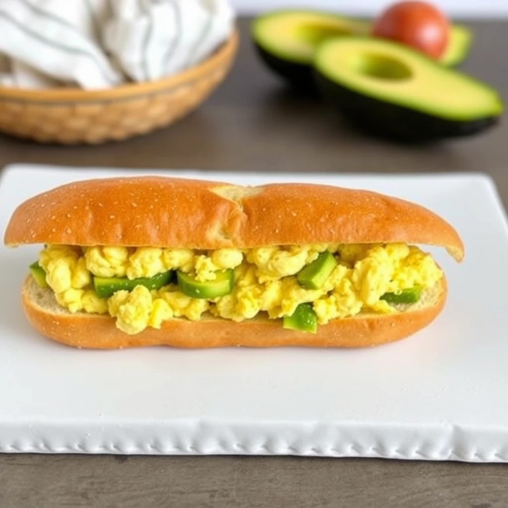 Long French baguette filled with scrambled eggs and avocado.