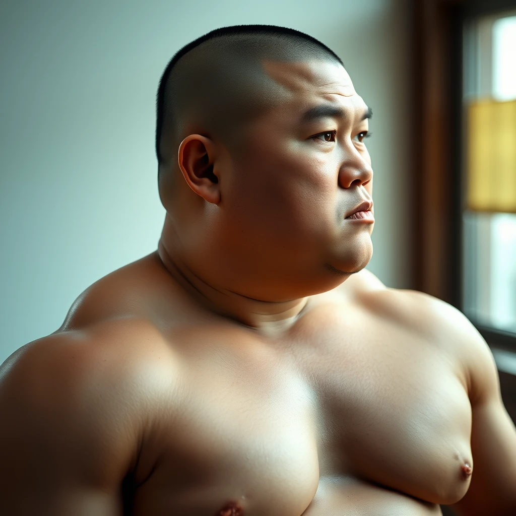 A half-body portrait of a fat, muscular, beefy Asian male with a buzz cut, HD, 32k UHD, realistic. - Image