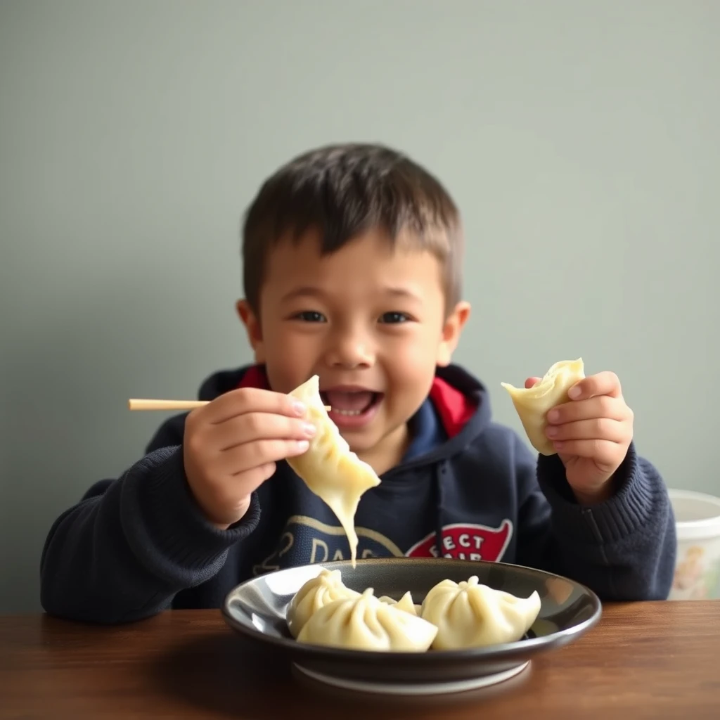 Three-year-old boy happily eating dumplings   - Image