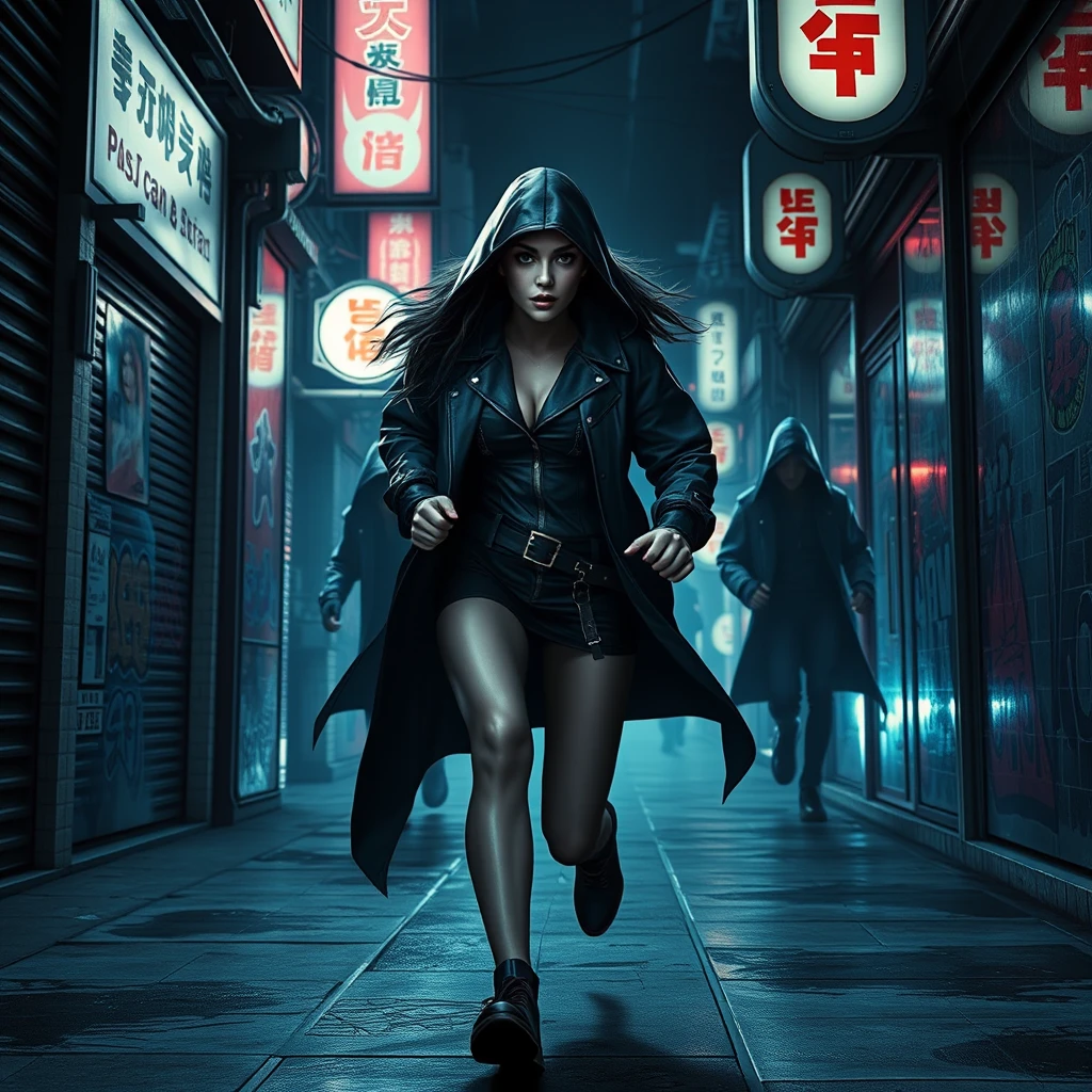 beautiful alluring cyberpunk female running down a dark dystopian urban alleyway being chased by cyberpunk assassins in hooded cloaks, grunge graffiti art style, street fighter style, japanese shop signs, neon lights with realistic lighting, dark and gloomy, realistic lighting, realistic reflections, high quality, 8k