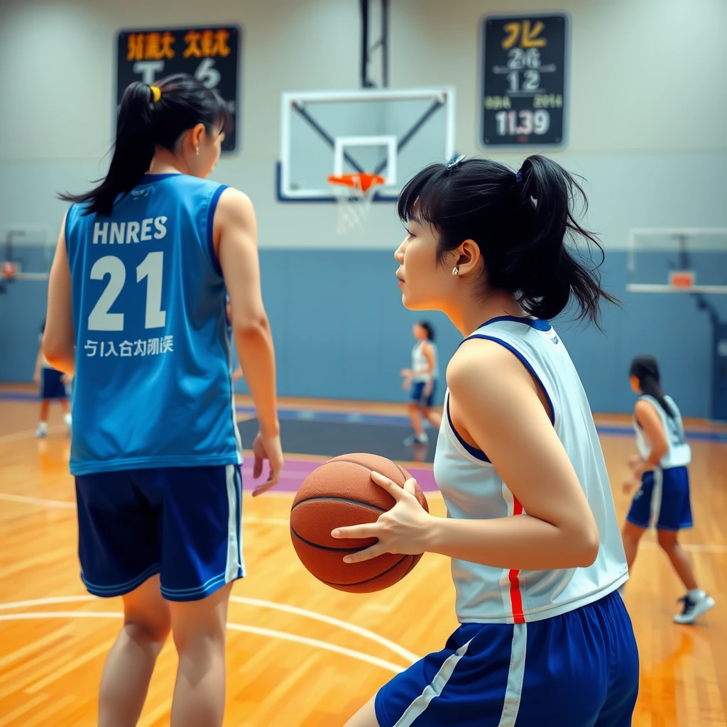 On the basketball court, there are women playing basketball, with Chinese characters or Japanese.