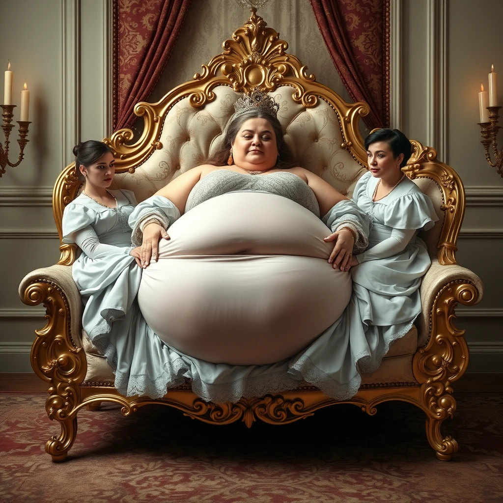 The obese and beautiful queen lies on a luxurious and exquisite chaise lounge, with two maids supporting her large belly.