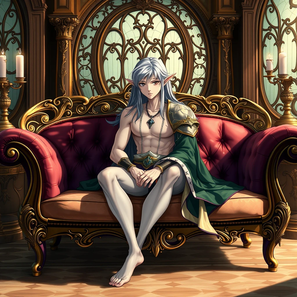 A handsome Elf Prince sitting on a luxurious sofa, male, bishounen, skinny, long hair, pointy ears, fantasy, art nouveau furniture, Elven palace. - Image