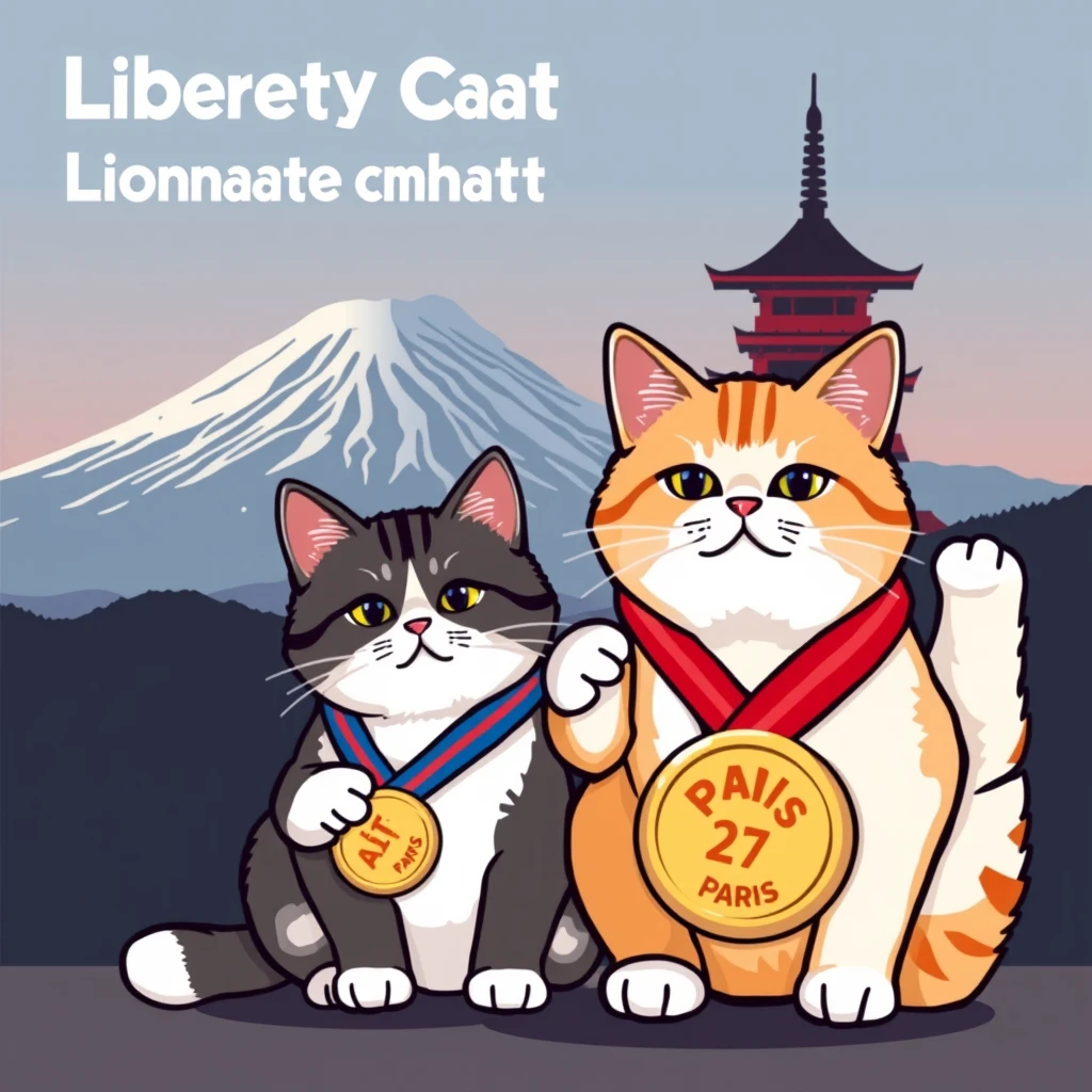 draw a pic with "Liberty Cats Congratulations chinese athletes " big text on the Mount Fuji backgroud,AND tow pixel style cats  in front it together , carring a Paris Olympic gold medal  logo with text "Liberty Cats"
 - Image