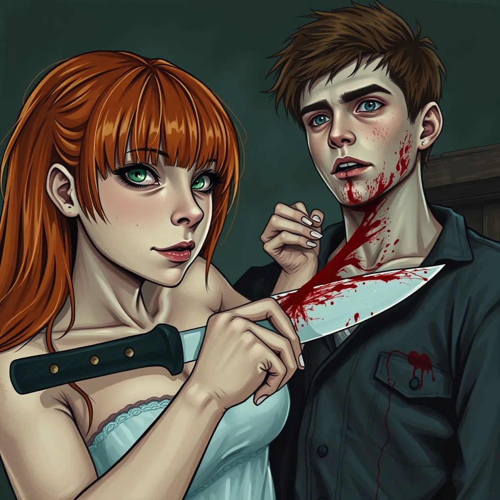 A horror scene; a short, skinny teenage girl with long ginger hair with bangs, green eyes, and big breasts, cutting a tall young white guy with brunette hair who is covered in blood with a knife.