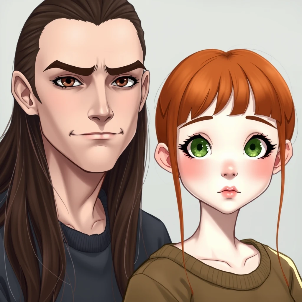 A young man with long dark brown hair parted in the middle, sharp facial features, a smirk, pale skin, light brown eyes, thick eyebrows, and long eyelashes, standing next to a cute white girl with ginger hair, a small nose, pink lips, green eyes, and long bangs.