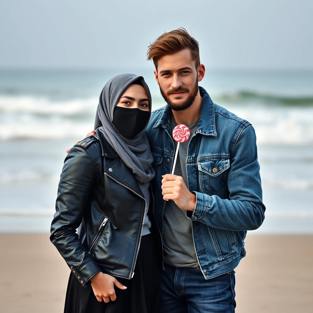 Jamie Dornan's head and body shot, handsome, black face mask, jean jacket, jeans, dating, love couple with the biggest grey hijab Muslim girl, beautiful eyes, black face mask, black leather jacket, biggest skirt, at the beach, holding a lollipop, hyper-realistic, street photography, selfie. - Image