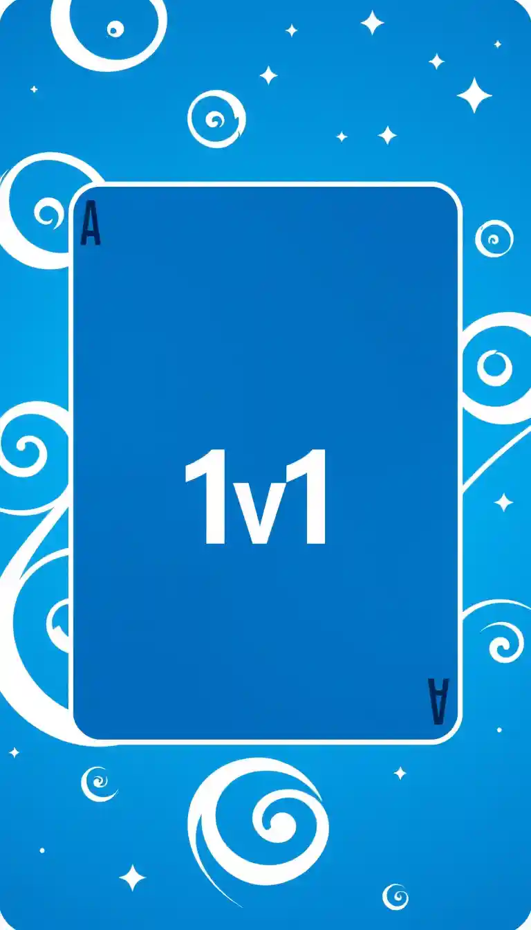 The image is a graphic design of a playing card with the blue aqua theme in the center. In the center it's written "1v1". The card is portrait in shape and has a blue background with white swirls and stars scattered throughout. The overall design is modern and minimalistic. - Image