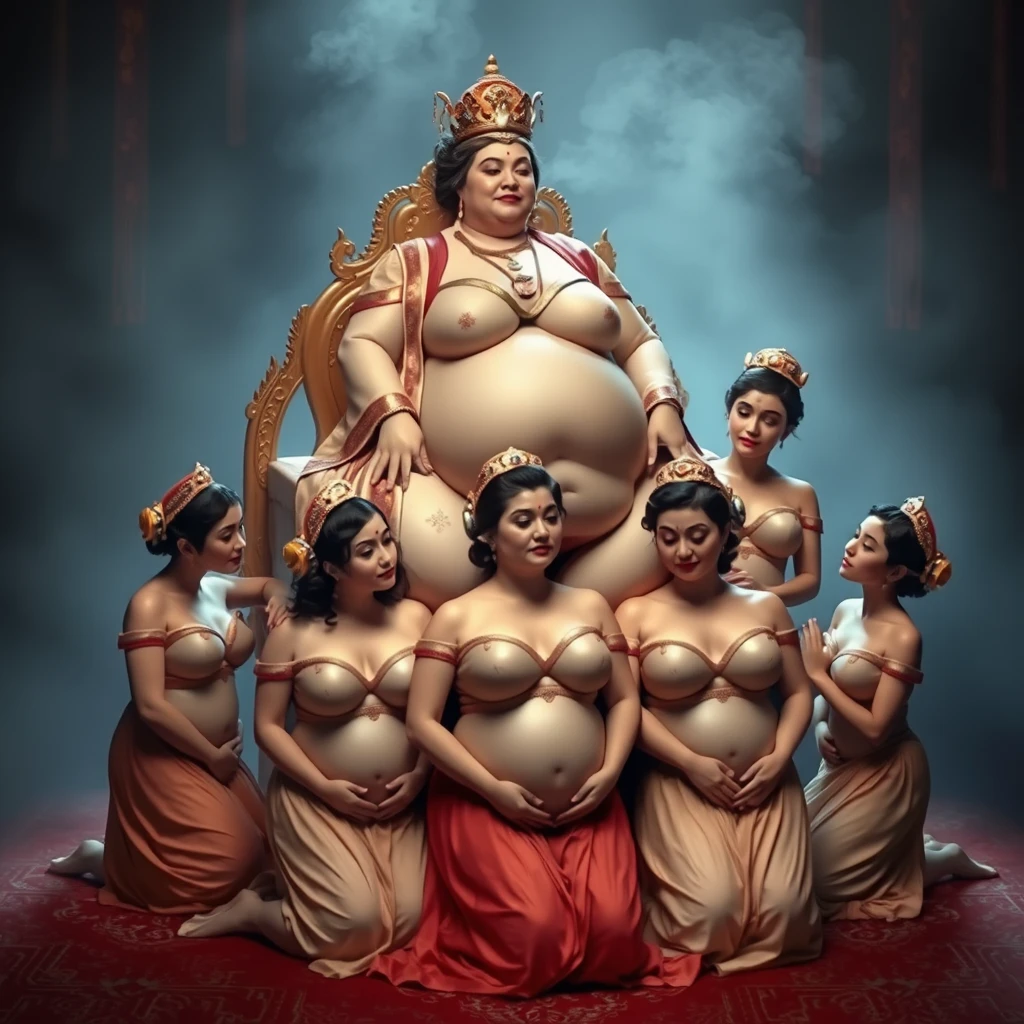 A group of palace maids knelt and formed a human throne with their voluptuous bodies and breasts, while the plump empress rested on top.