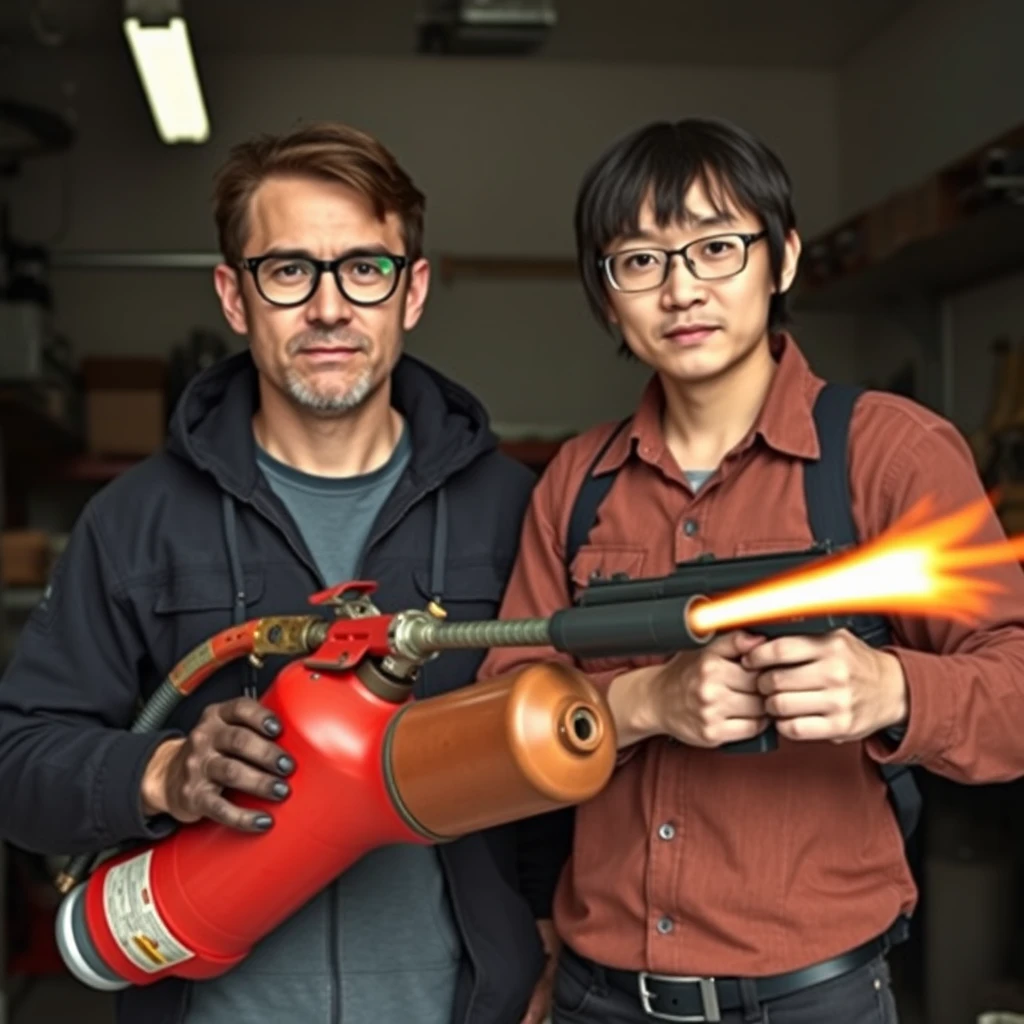 2 person set, 2 men, 1 Italian/Caucasian man, 1 Northern Chinese man, they are together in a garage setting. The first one has round prescription glasses, has short brown hair, and he's holding a very large fire extinguisher flamethrower. The second one has a thin long face, wears square prescription glasses, has mid to long fringe hair, and he's holding a pistol. - Image