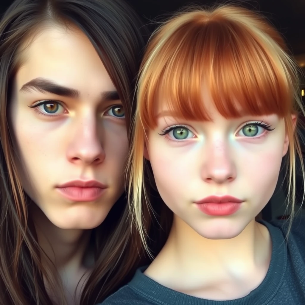 young guy, long dark brown hair parted in the middle, sharp facial features, pale skin, light brown eyes, thick eyebrows, long eyelashes next to a cute white ginger girl, turned-up small nose, pink lips, green eyes, long bangs.