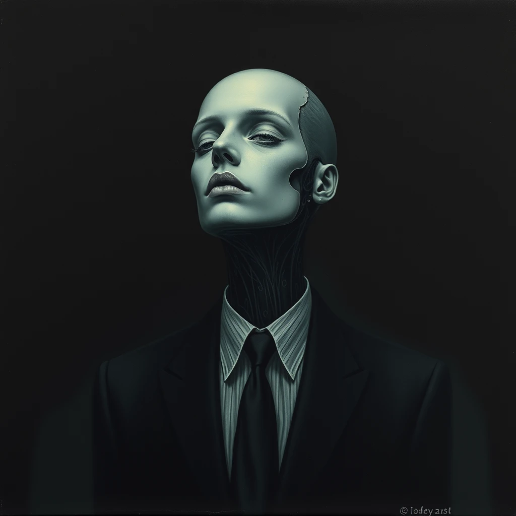 Magritte-style dark painting, androgynous mechanical human, liquid society. - Image