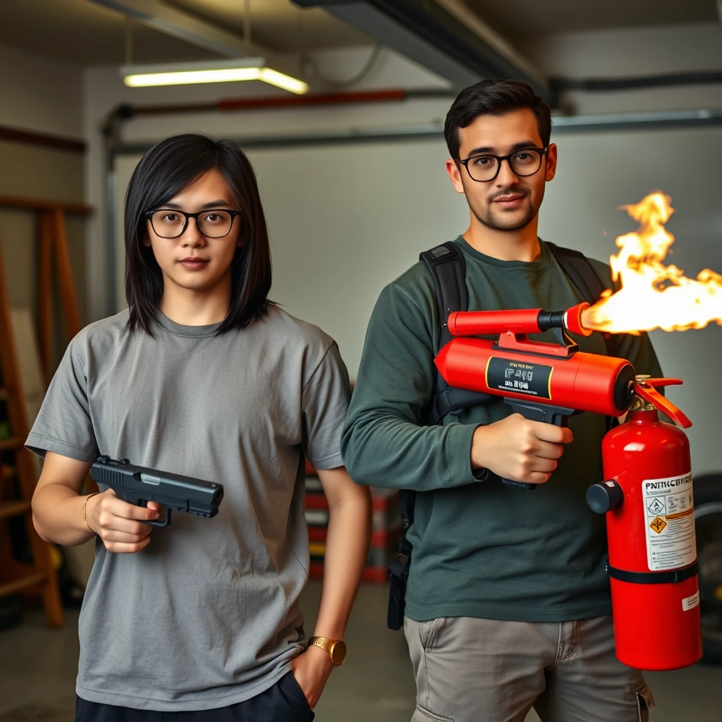 "21 year old white Chinese man wearing square glasses, mid/long black hair, holding pistol"; "21 year old white Italian man wearing round glasses, short hair, holding very large fire extinguisher flamethrower", garage setting. - Image