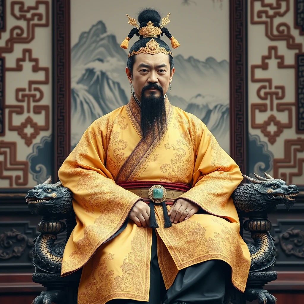 Character: A Chinese emperor, appearing to be in his late 40s, with a dignified and authoritative presence. He has a neatly trimmed black beard and mustache, and his black hair is pulled back into a topknot secured with an ornate golden hairpiece. His face is composed, with a hint of wisdom and weariness in his dark eyes. He is adorned in an elaborate golden dragon robe, intricately embroidered with detailed depictions of five-clawed dragons swirling amidst clouds and flames. The robe is cinched at the waist with a wide jade belt, and beneath it, he wears black silk trousers and embroidered shoes.
Setting: He sits upon a magnificent dragon throne, crafted from intricately carved dark wood and adorned with gold leaf and precious gemstones. The throne is elevated on a dais, signifying his imperial authority. Behind the throne, a large, ornate screen depicts a majestic mountain landscape.
Pose and Action: The emperor sits upright on the throne, his posture regal and composed. His hands rest on the elaborately carved armrests, his fingers adorned with jade rings. He gazes directly forward, his expression serene yet commanding.
Lighting: Soft, warm light illuminates the scene, casting subtle shadows that accentuate the intricate details of the dragon robe and the throne.
Details: Pay attention to the intricate details of the dragon robe, the throne, and the emperor's accessories. The dragons on the robe should be meticulously rendered, their scales and claws gleaming in the light. The emperor's expression should convey a sense of power, wisdom, and the weight of responsibility that comes with ruling an empire.
Overall Style: Realistic and detailed, capturing the grandeur and opulence of the Chinese imperial court. The scene should evoke a sense of history, tradition, and the absolute power of the emperor.