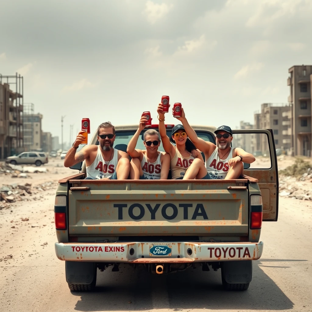 A visually intoxicated bunch of morons riding in the trunk of a Toyota pickup truck, toasting with beer cans. The truck drives through an abandoned city, is very rusty, and has the letters "AOS" printed on the doors and hood.