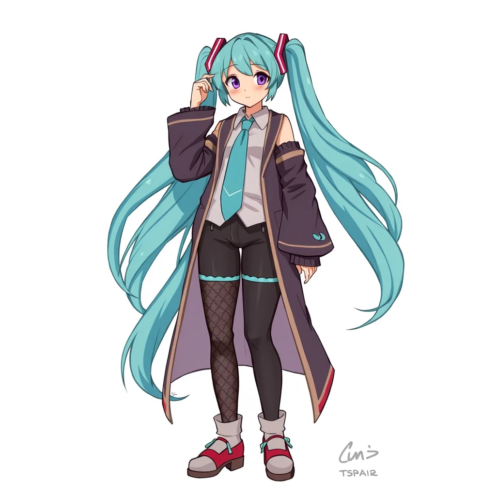 Full body Anime drawing of Hatsune Miku wearing Oprah Winfrey's clothes.