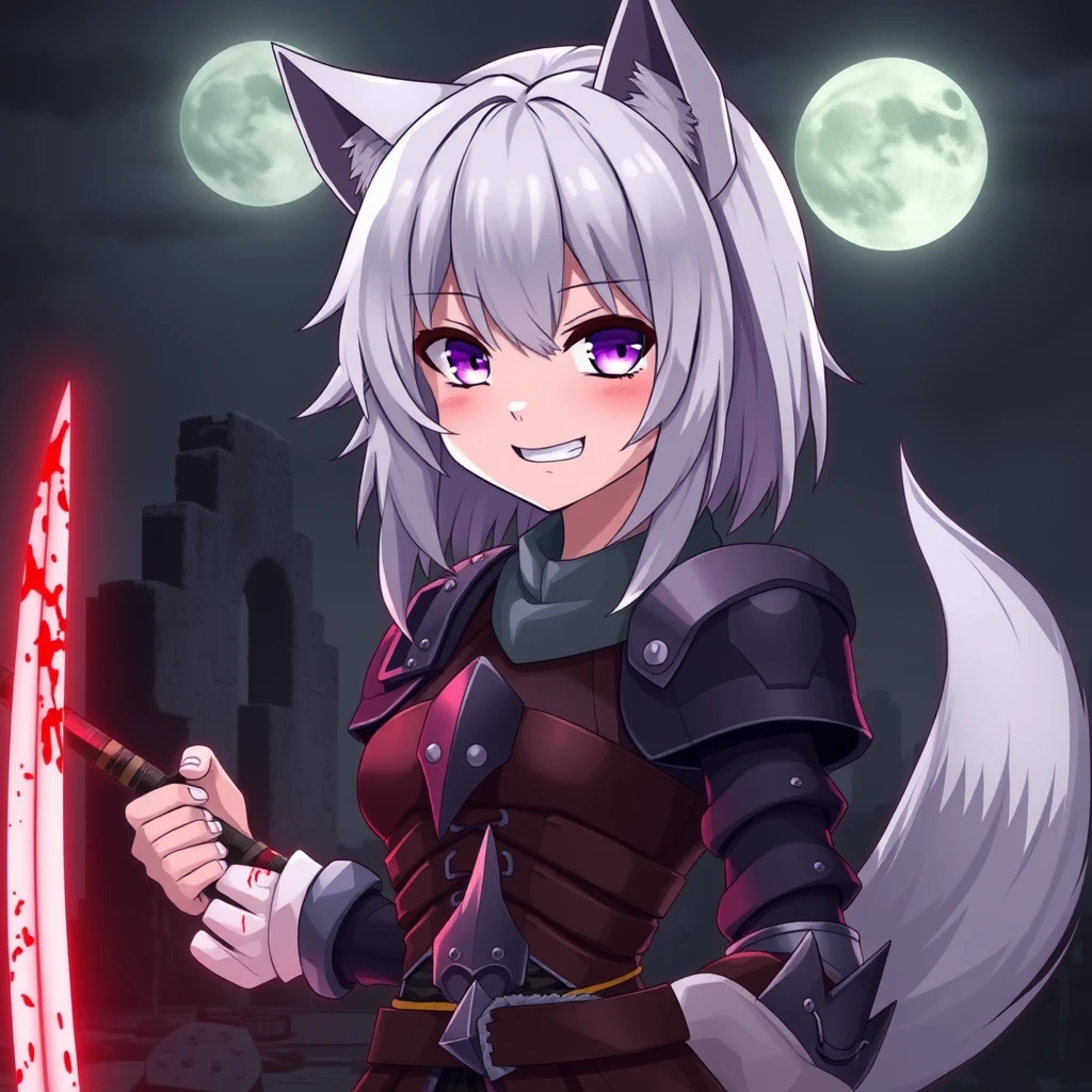 An anime girl with medium-length white hair, wolf ears, and a tail, has purple eyes and an evil grin on her face. She is holding a sword in her right hand, which is glowing light red and covered in blood. The girl is wearing armor, and old ruins can be seen in the background. It is dark and foggy, and a full moon is in the sky.