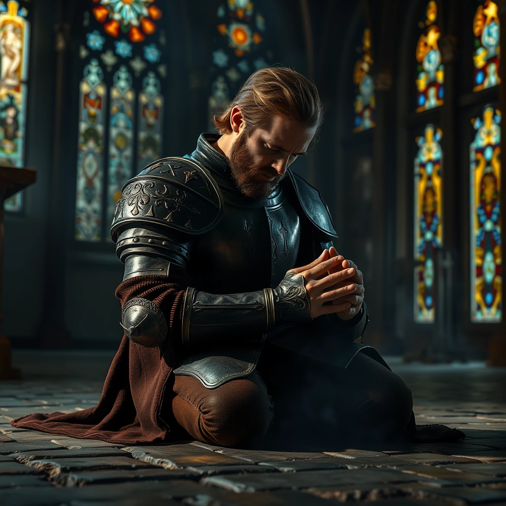 [Scene] This professional photograph, rich in detail and atmosphere, transports the viewer to a dimly lit chapel in medieval Europe. The scene is illuminated by the soft, ethereal glow of stained-glass windows, casting colorful patterns across the cold stone floor. The air is thick with the scent of incense and the hushed reverence of prayer.  
[Character] A handsome and powerful king, clad in intricately crafted plate armor, kneels humbly on the stone floor, his head bowed in fervent prayer. His strong hands, encased in gauntlets, are clasped tightly together, and his expression is one of deep devotion and humility. The weight of his crown and the responsibilities of his kingdom seem to press upon him, yet he finds solace and strength in his faith. The image captures a moment of private vulnerability, a glimpse into the soul of a warrior king who finds peace in the presence of the divine.