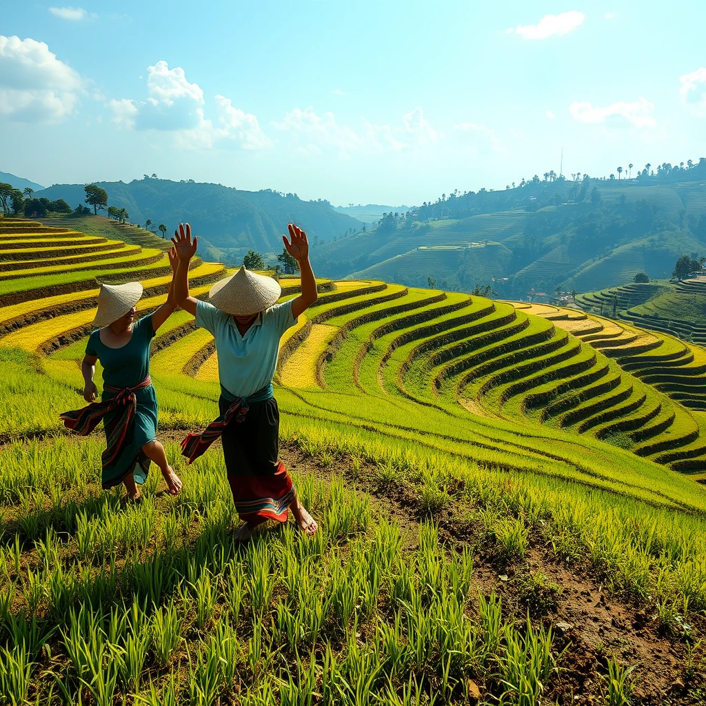 Thai rice farmers dancing the Cadillac Ranch in a terraced field.