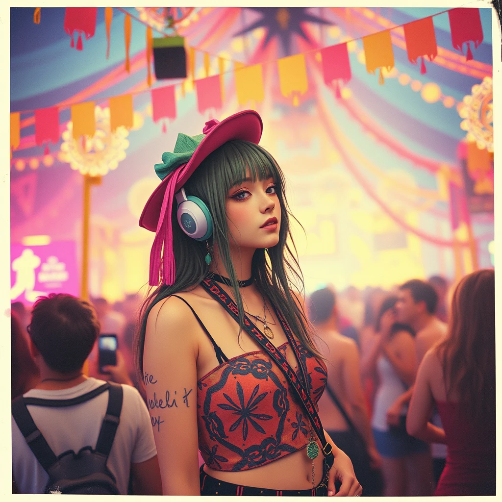 Concept art, old retro photo of an anime hippie girl at a music rave festival, hippie, psychedelic trippy festival, music scene, psychedelic decorations and colors polaroid photo. - Image