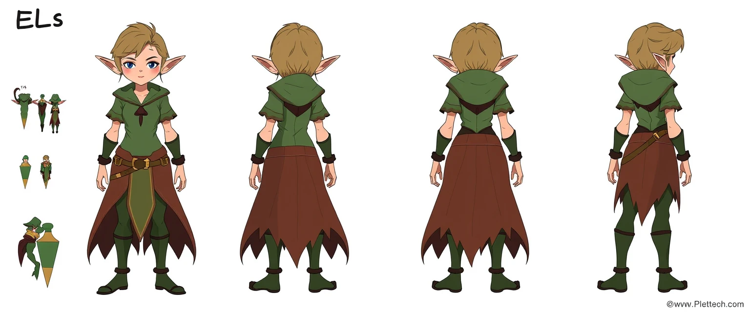 Character Design Sheet, elf, character reference sheet, 3 multiview: front view, back view, and side view, colorfully, plain. - Image