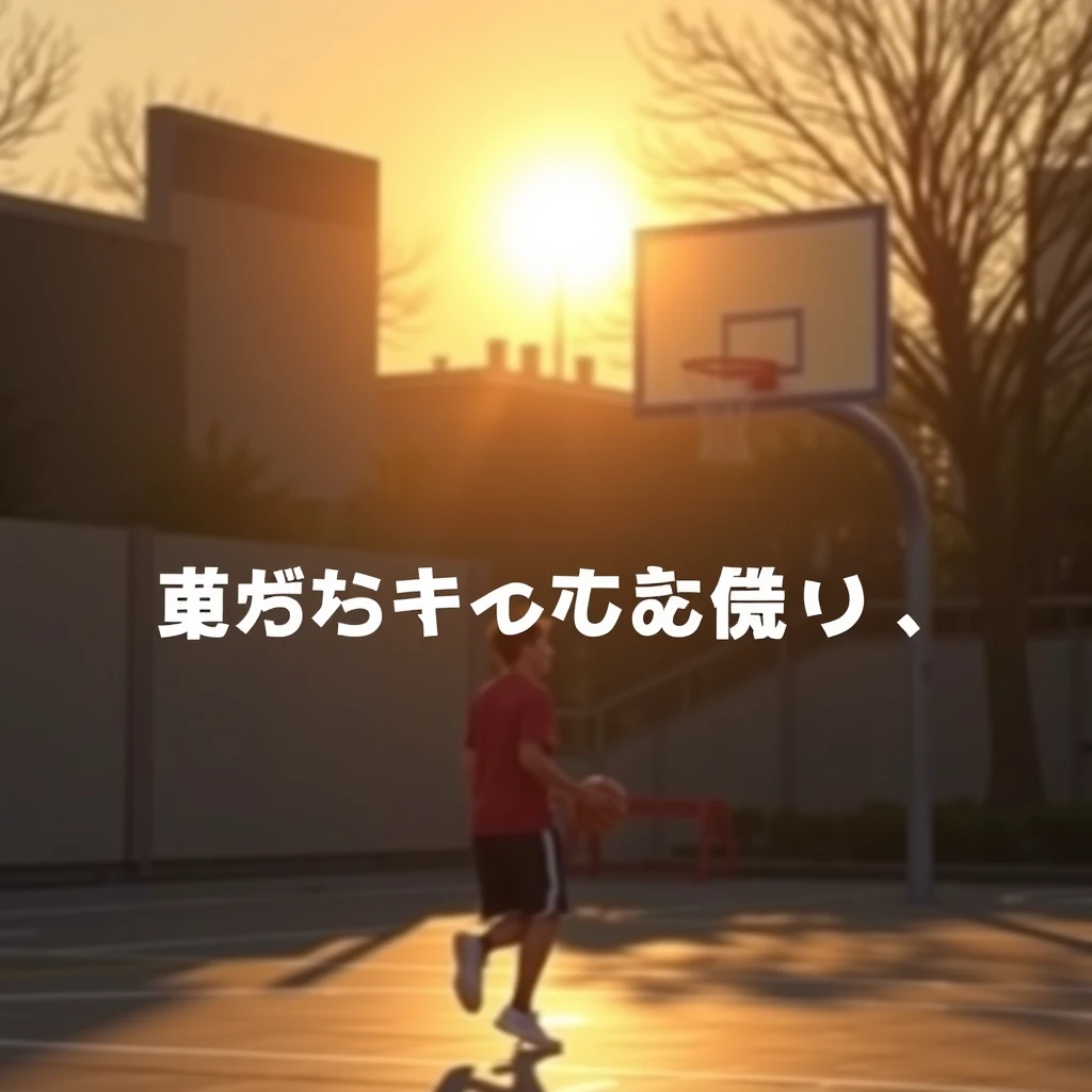 During the day, someone is playing basketball, and there is Japanese language. - Image