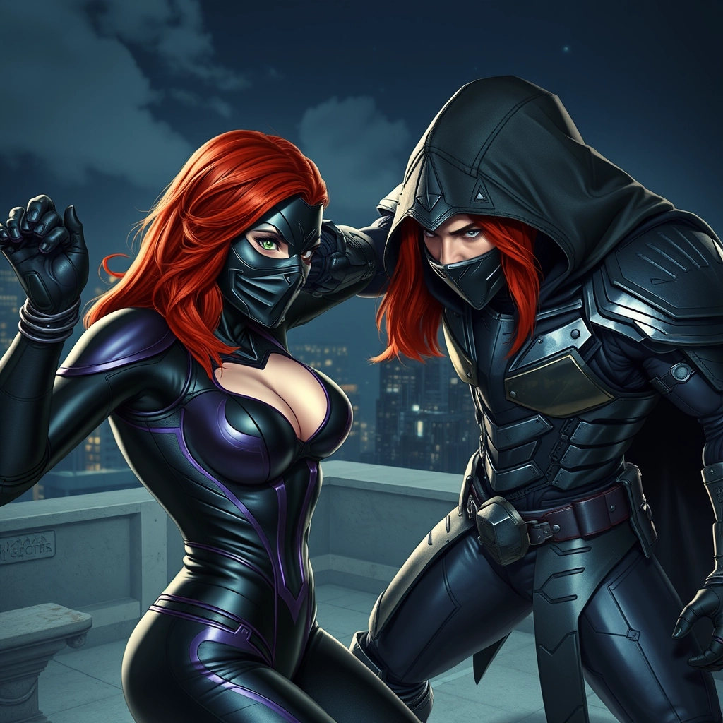 Female redhead with green eyes and black metallic mask covering her face, wearing black and purple futuristic metallic spandex, is throwing a punch at a tall man in heavy metallic armor with a black hood and cape on a futuristic nighttime rooftop, in a dynamic and realistic manner.