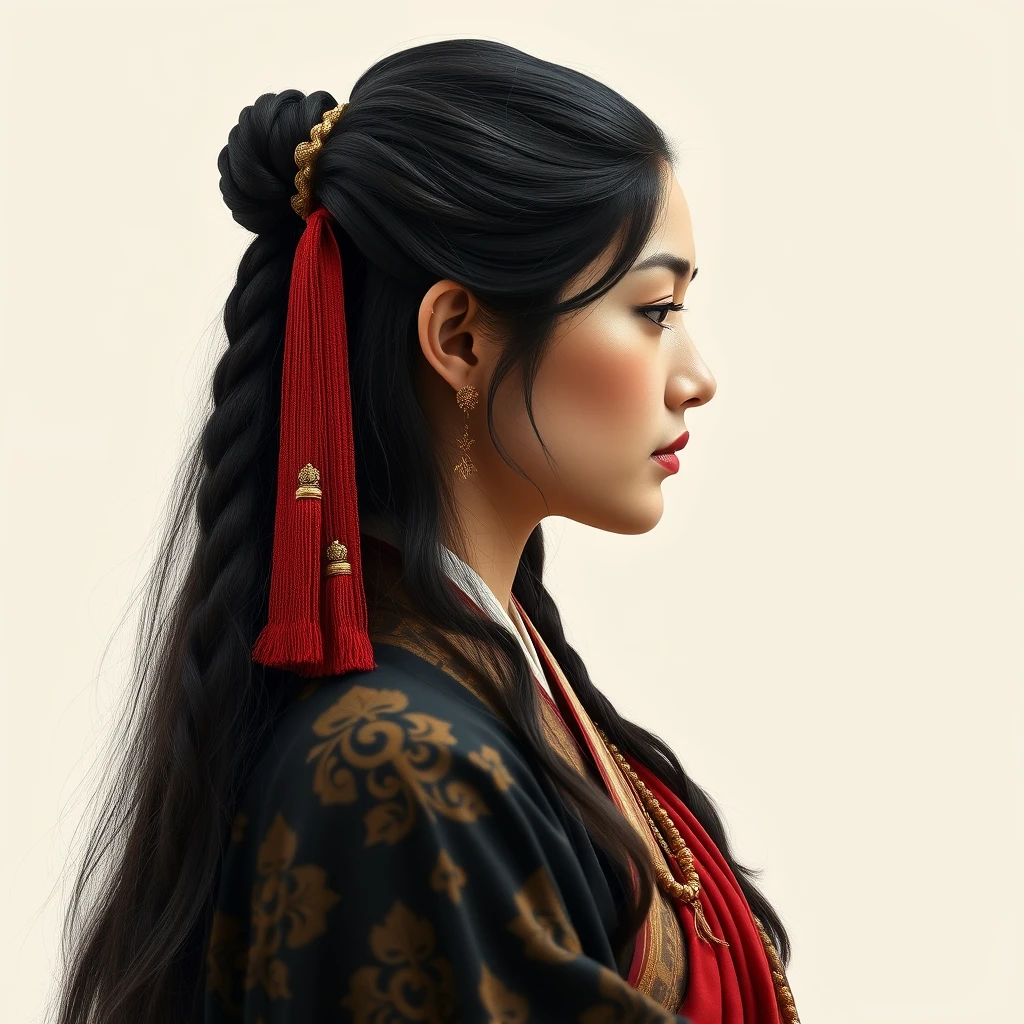 "Profile of a woman with long hair in ancient costume dedicated to Buddhism" - Image