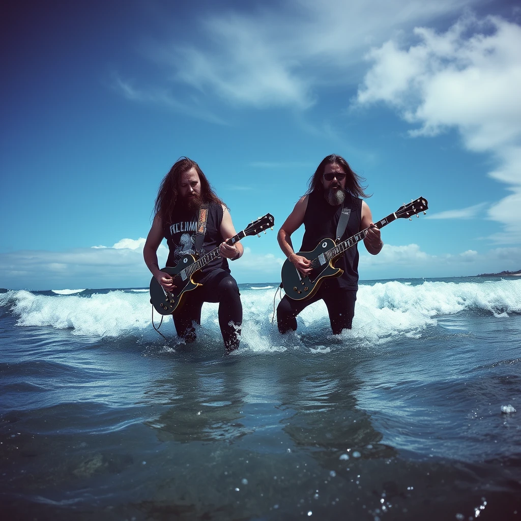 Heavy metal band knee deep in seawater - Image