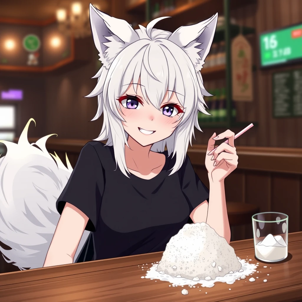 Anime woman with fluffy wolf ears and a fluffy tail, white messy medium hair, purple eyes, wearing a black t-shirt, sitting at the table in a bar. On the table is flour; the girl looks with a big crazy smile at the flour and has a straw in her right hand.