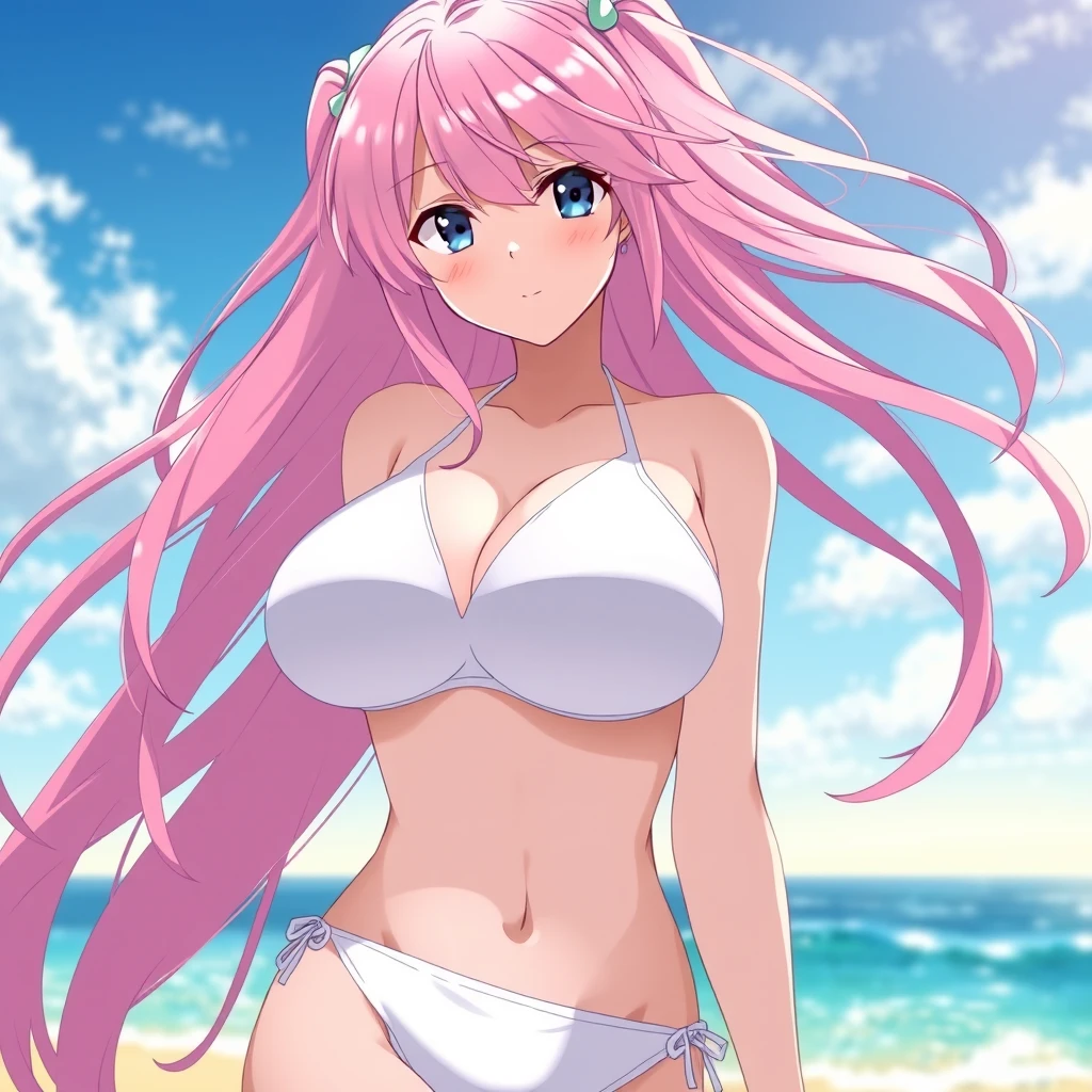 A girl with long pink hair and blue eyes wearing a white bikini at the beach, anime style. Big breasts. - Image