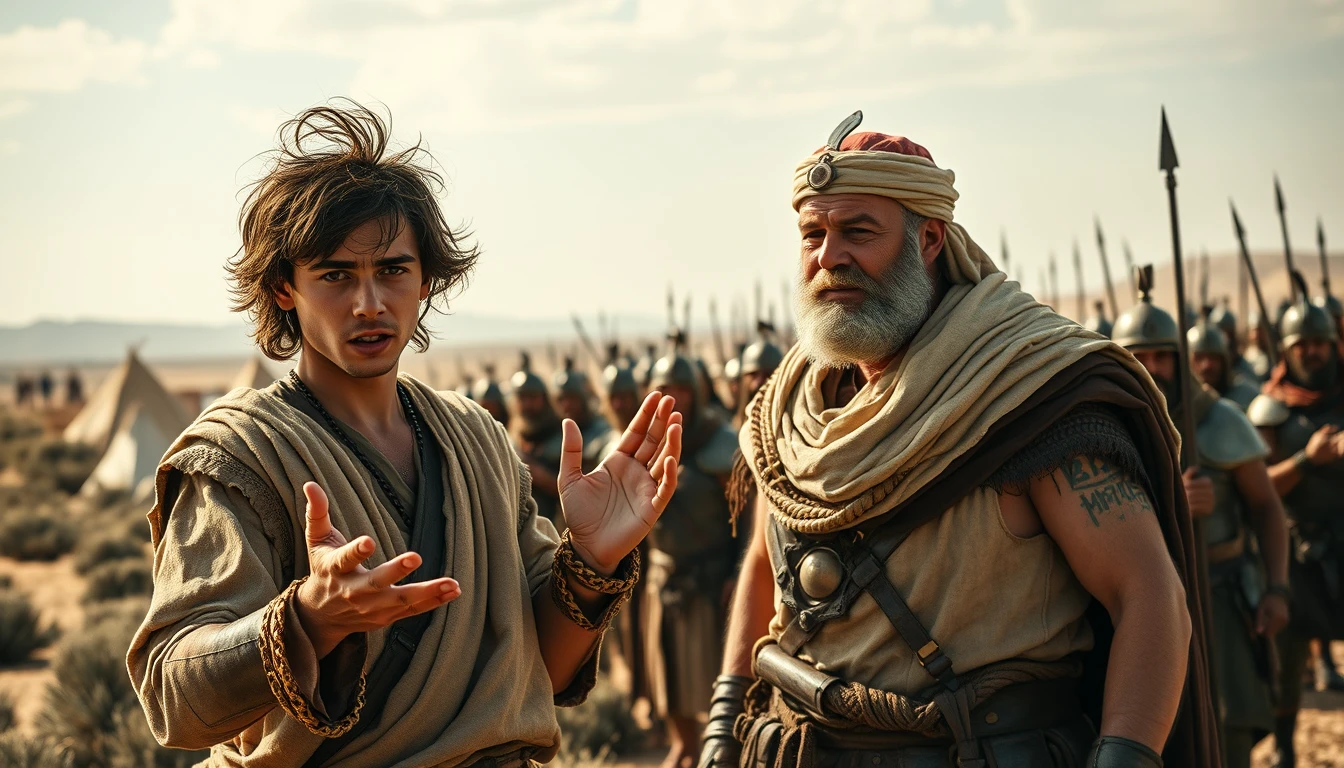 A young man with messy hair looking anguished, and gesturing passionately with both hands like an Italian, with a middle aged man. The young man is dressed in ancient biblical shepherd's attire and the older man is dressed to look like a Mesopotamian King. The young man stands apart from the middle aged man. Both men are surrounded by a diverse group of men in ancient Israelite bronze age soldier armor. In the background are Bedouin tents pitched on a desert shrub land. In the distant horizon stands another army armed and ready to fight. Dramatic lighting.