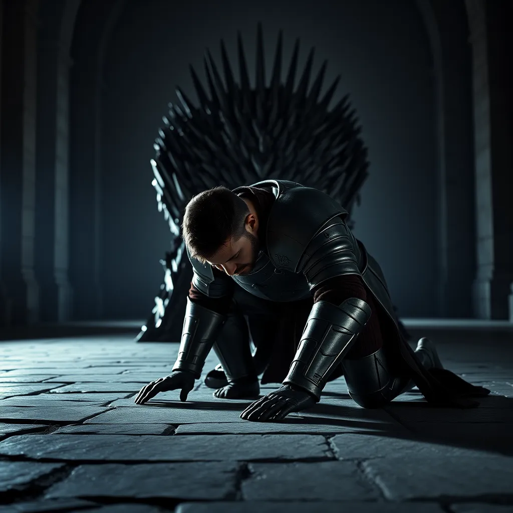 Subject: A handsome and muscular king in full plate armor, positioned on all fours facing the Iron Throne (which is to the back of the shot and not the focus), his head bowed to the ground in prayer.  
Lighting: Dramatic chiaroscuro lighting, with a single light source illuminating the king from behind, casting long shadows that stretch towards the Iron Throne. The scene should have an overall somber and reverent mood.  
Background: The Iron Throne should be slightly out of focus in the background, hinting at its presence and power but not distracting from the king in the foreground. The setting should be a dimly lit, vast hall with stone walls and high, vaulted ceilings, conveying the grandeur and solemnity of the location.  
Details: The king's armor should be highly detailed, showcasing the craftsmanship of the era, with intricate engravings and perhaps some battle damage to hint at his experiences. Focus on the texture of the cold, hard metal against the rough stone floor.  
Composition: The camera angle should be low, looking up at the king to emphasize his vulnerability and submission despite his powerful physique and position.  
Overall Style: Aim for a hyperrealistic, cinematic style, reminiscent of historical epics. The image should feel grounded and authentic, capturing the weight and texture of the scene.