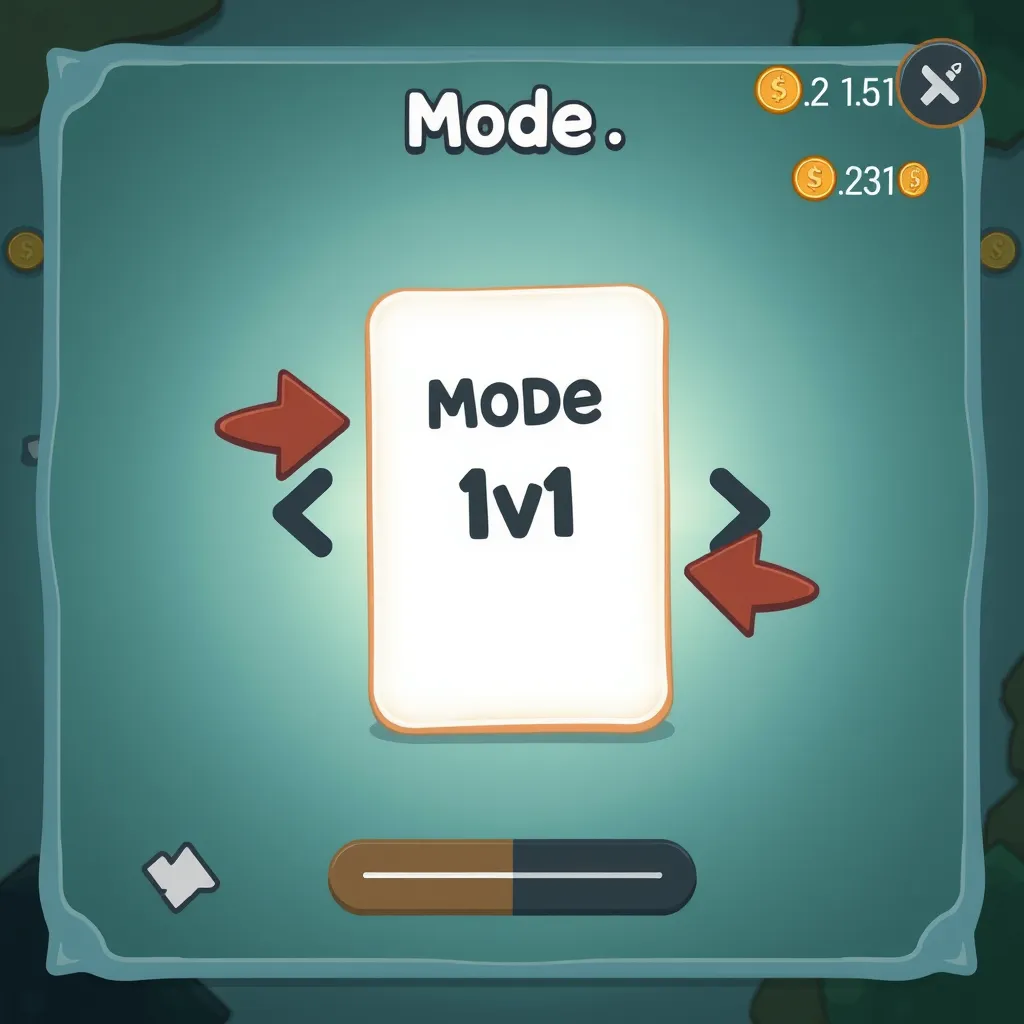 a mode selection menu, a card in the middle which hints the mode of 1v1 and there are arrows left and right to change modes, top right corner shows the current coins, The overall atmosphere should be fun, light-hearted, and engaging, suitable for a digital game envir - Image