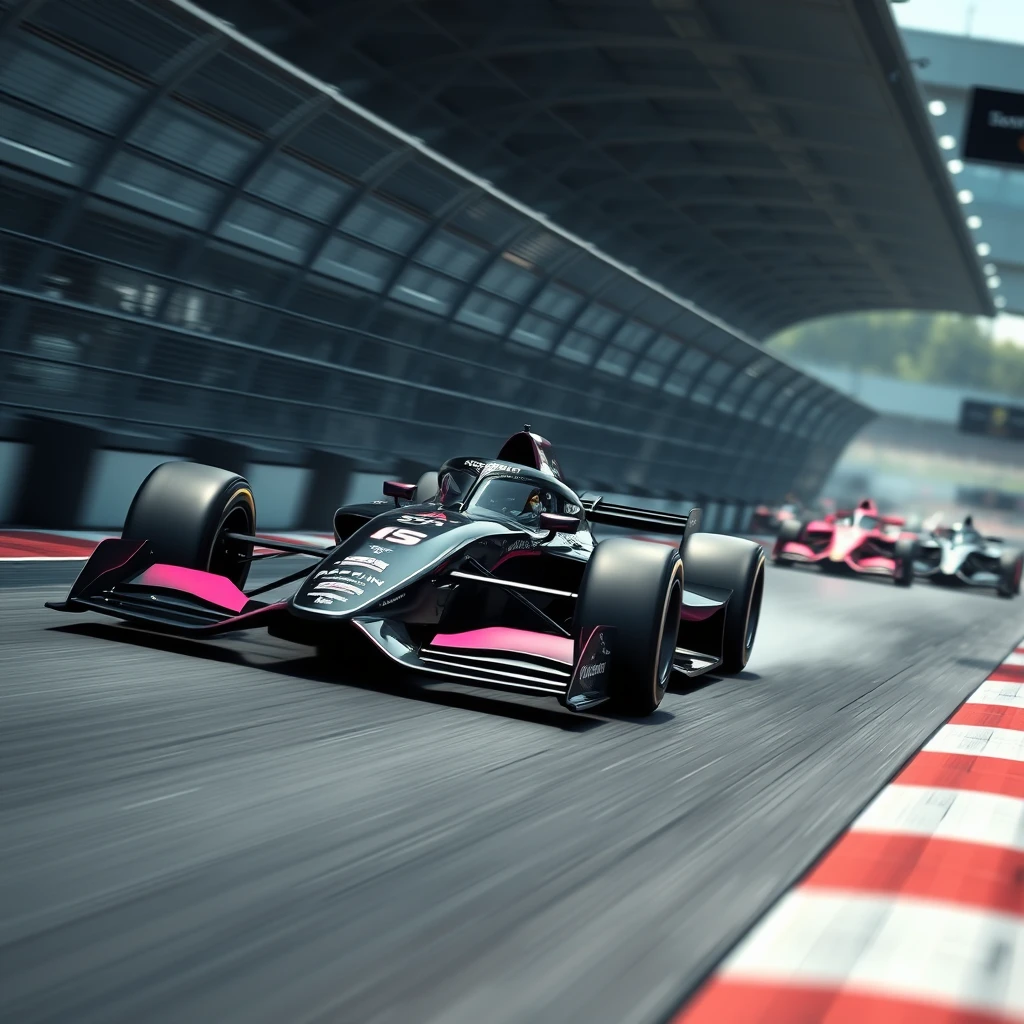 High-quality, photorealistic, near-future depiction of a Formula-One race car for "Team Racing Sloth" with a livery of jet black with reddish-pink accents in the middle of a high-speed race against other Formula One cars.