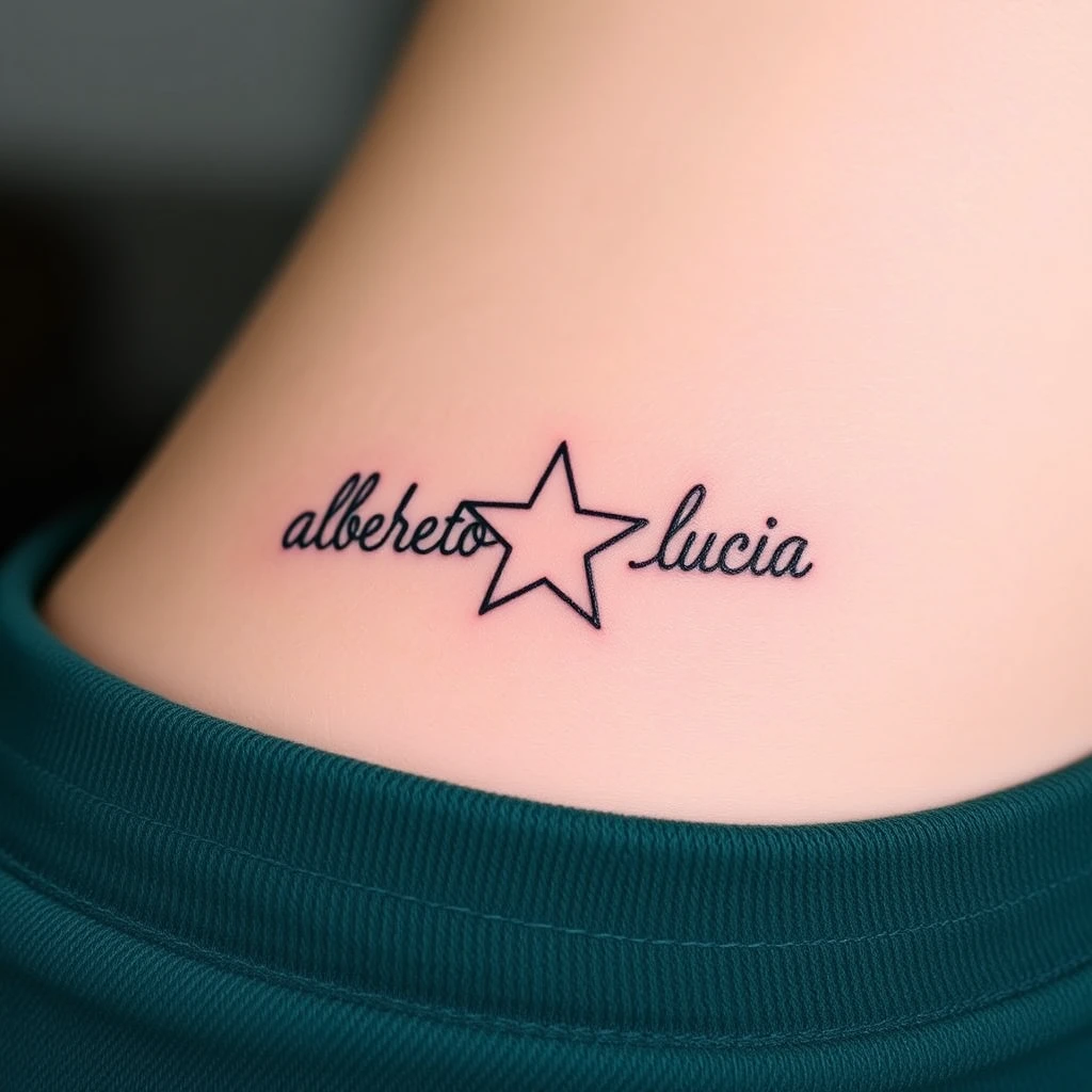 A fine line tattoo, with my kids’ names making a circle. My kids’ names are ALBERTO, LUCÍA and INÉS. The names must be separated by a five-point star.