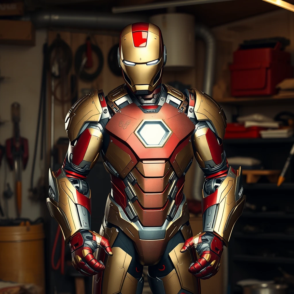 create a picture of a man building an iron-man suit from scratch in his own garage - Image