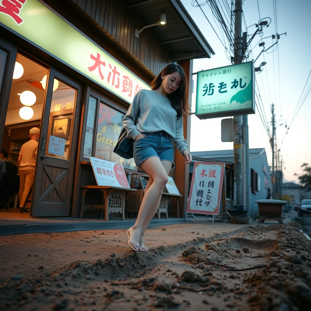 In the evening, a young woman is stepping on mud and sand outside a restaurant, where there is a signboard that has Chinese characters or Japanese writing that can be clearly seen.