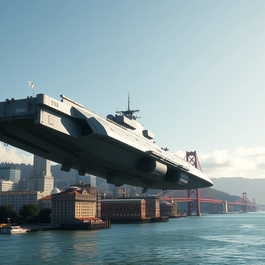 A high quality, photorealistic image of a massive, futuristic airborne warship moving near San Francisco. It is in the middle of the day, on a bright summer day in San Francisco with little clouds. - Image