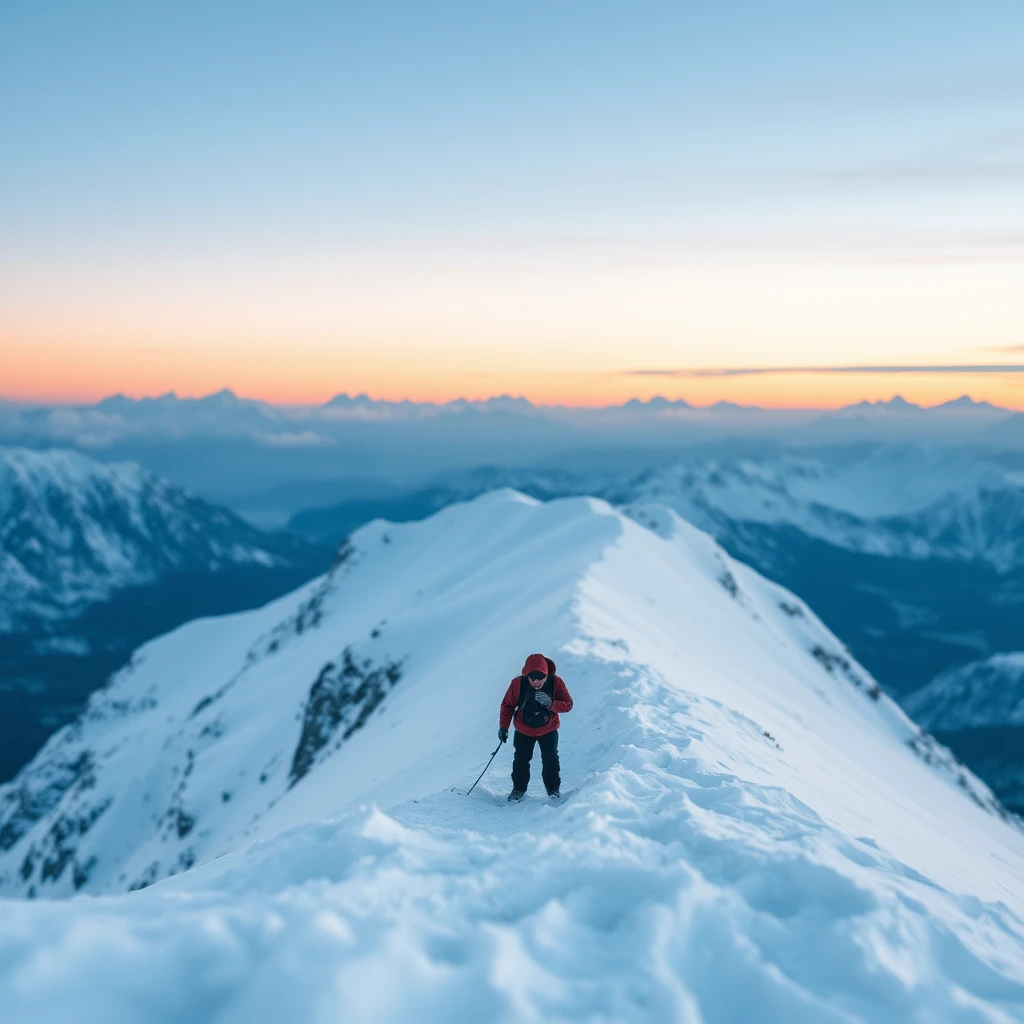 There is a man on the snowy mountain struggling to breathe. - Image