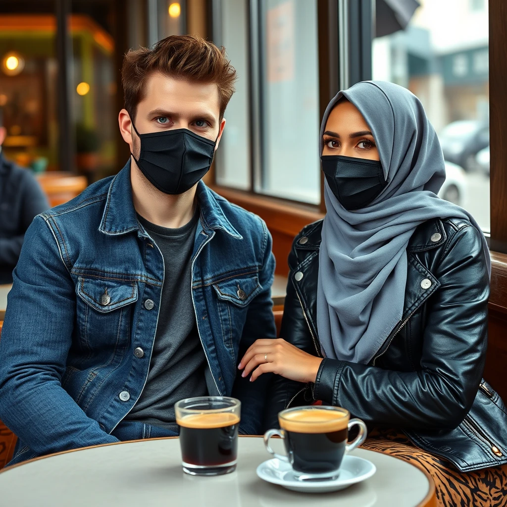 Jamie Dornan's head and body shot, handsome, black face mask, blue jeans jacket, jeans, dating a Muslim girl in a grey hijab, beautiful eyes, black face mask, black leather jacket, biggest tiger pattern skirt, at a cafe, 2 cups of espresso on a table, photorealistic. - Image