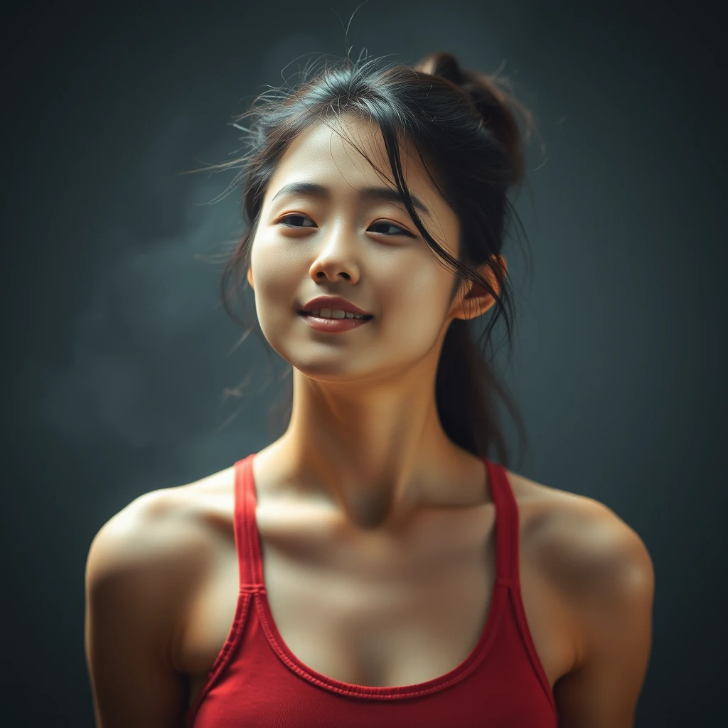 A beautiful Korean woman, ulzzang, wearing a tank top, sweating.