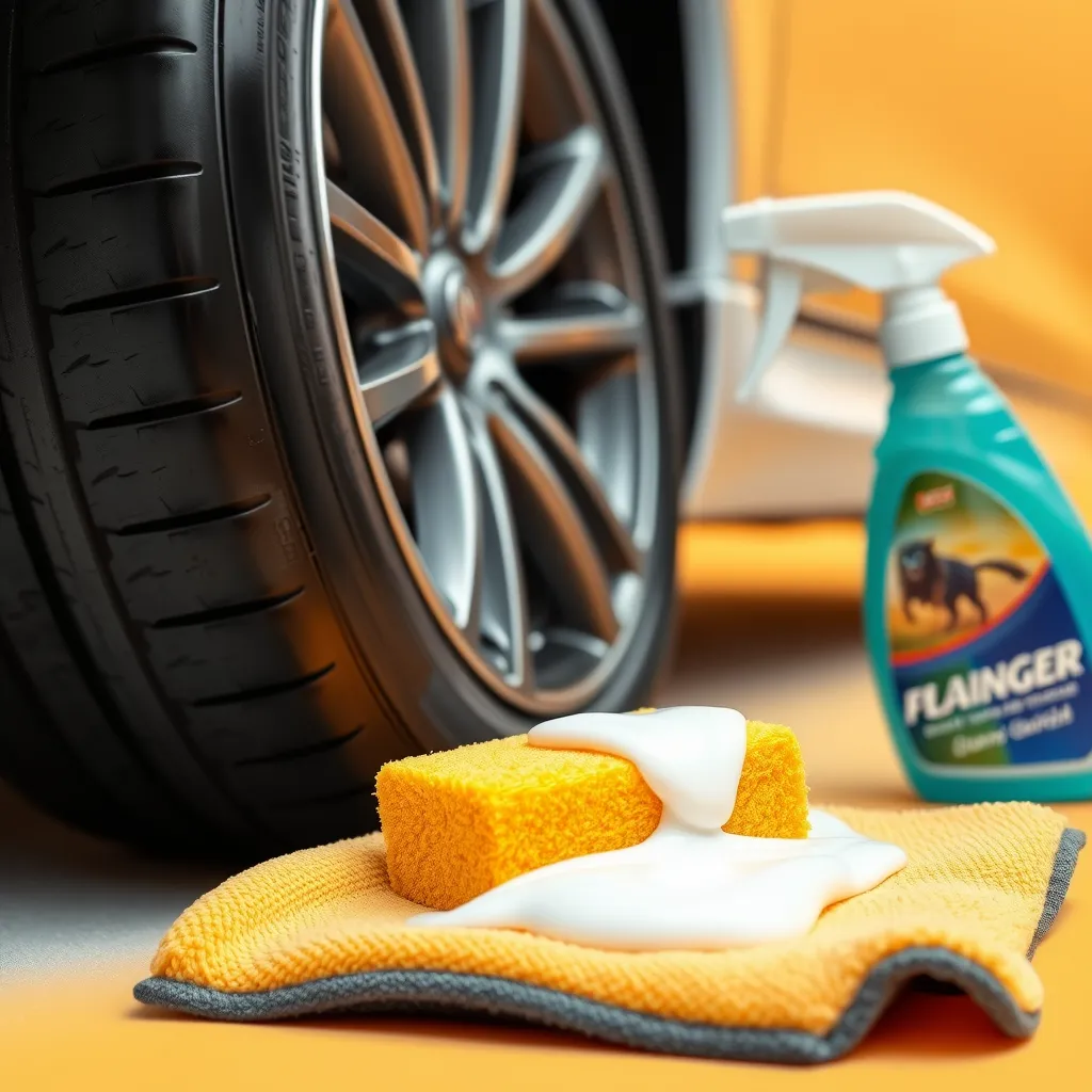 Car tyre, yellow car sponge, white soapy foam on sponge, cleaning spray, polishing cloth, isolated on a clean light orange background, advertising photography. - Image