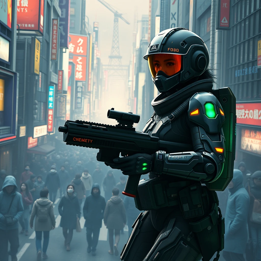 "In the sprawling metropolis of Neo-Tokyo, Lieutenant Mira Kwan stood among the chaotic throng of civilians and automated drones. Clad in her cutting-edge combat exoskeleton, she felt the hum of the suit's power core synchronizing with her every move. Her tactical helmet displayed real-time data overlays, marking potential threats and allies. The mission was clear: infiltrate the enemy stronghold concealed within the heart of the city. With her advanced plasma rifle at the ready, its glowing accents pulsating with energy, Mira pushed through the crowd. Her objective was critical to the resistance's success – a data chip containing intel that could turn the tide of the war. Every step brought her closer to danger, but failure was not an option. The future of Neo-Tokyo depended on her." - Image