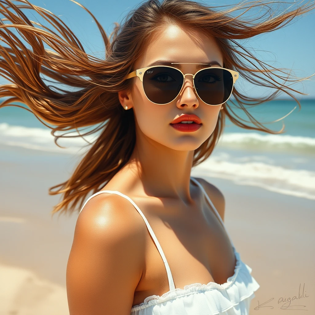 Beautiful woman in white summer dress standing at the beach, dress and hair flying in the wind, sunglasses, summer day, sunny, detailed sand textures, piercing eyes, perfect delicate face, perfect lips, Oil Painting, expressive brushwork, luminous color palette, and delicate details, Miki Asai Macro photography, close-up, hyper detailed, trending on ArtStation, sharp focus, studio photo, intricate details, highly detailed, by Greg Rutkowski.