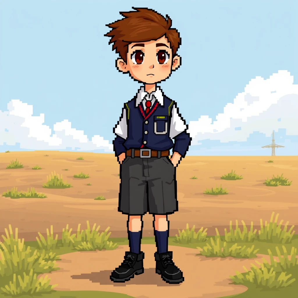 Soviet schoolboy in pixel art style full body, school uniform, no belt, classic black shoes, brown hair, without any hat. - Image