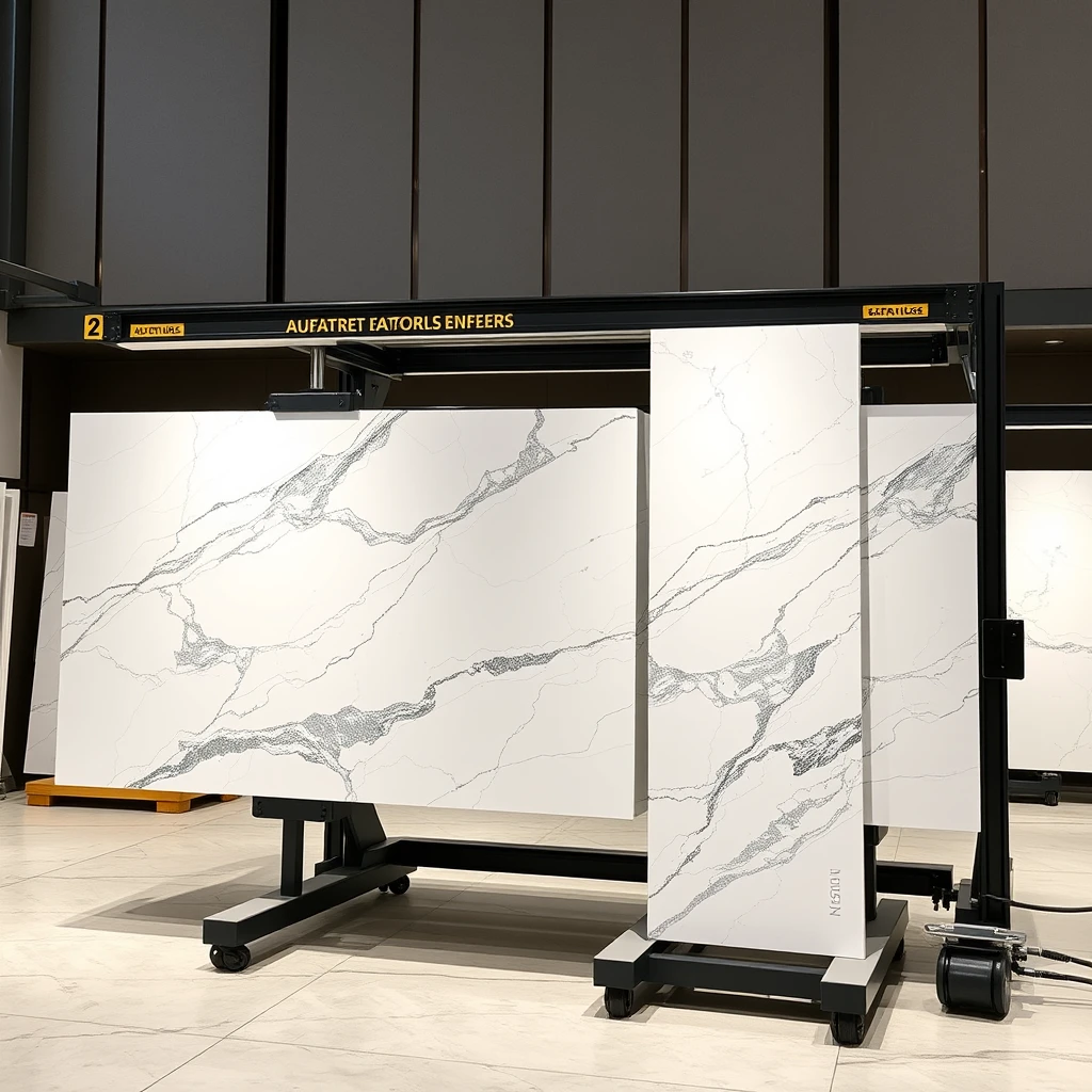 Smart, stylish automated carrier-cum-display system that holds 2 large 4-meter-sized polished marble panels such that one horizontal panel and one vertical marble panel together form a large L-shaped configuration in the pattern matching orientation, in a professional yet cheerful setting.